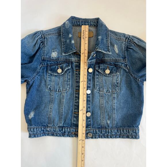 BLANKNYC CROP PUFF SLEEVES DENIM JEAN JACKET MEDIUM WASH DISTRESSED SIZE M - Picture 9 of 11